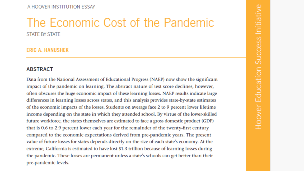 Title page of narrative document about the economic costs of COVID learning loss written by Dr. Eric Hanushek at Stanford University. 