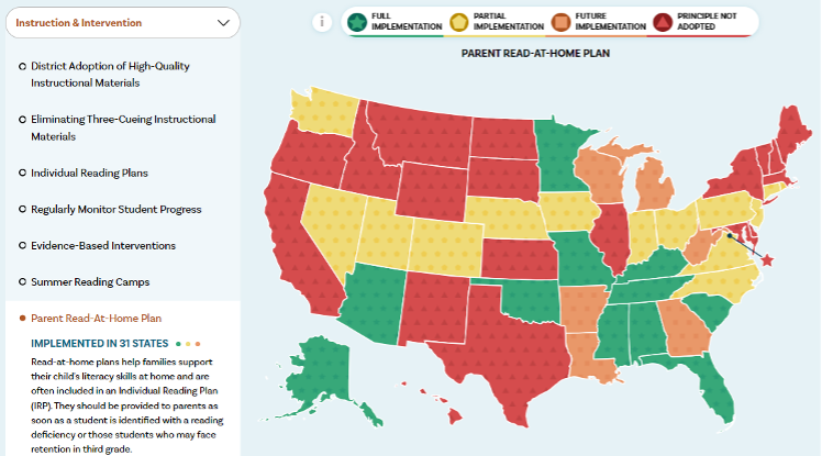 Map of the United States indicating the 31 states who have read-at-home plans in policy