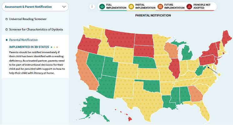 Map of the United States indicating the 39 states who have implemented a parental notification system