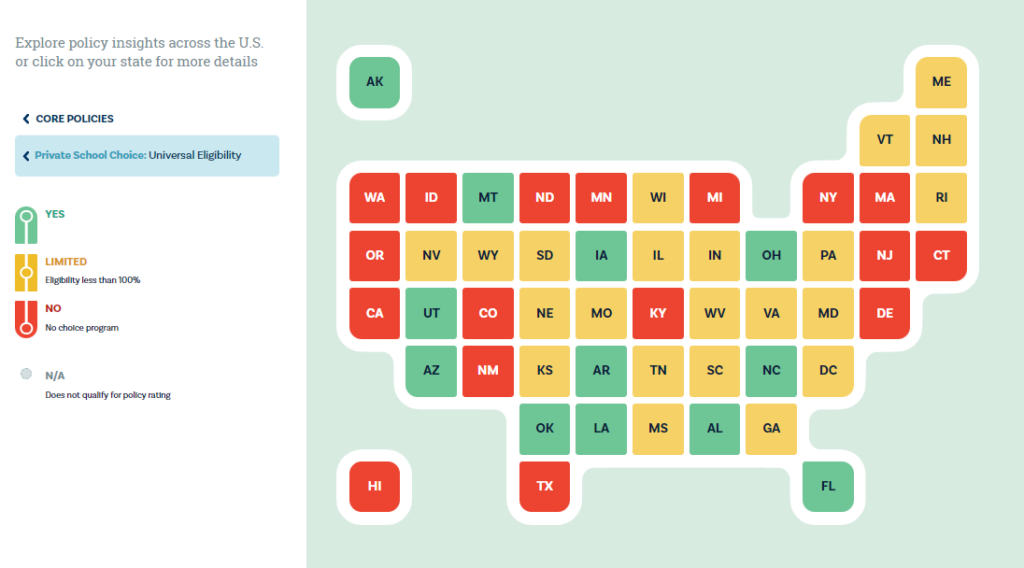 Screenshot from ExcelinEd's new School Choice Matters website showing the national map color coded with red, yellow and green to show how states are doing in each of the school choice policy areas